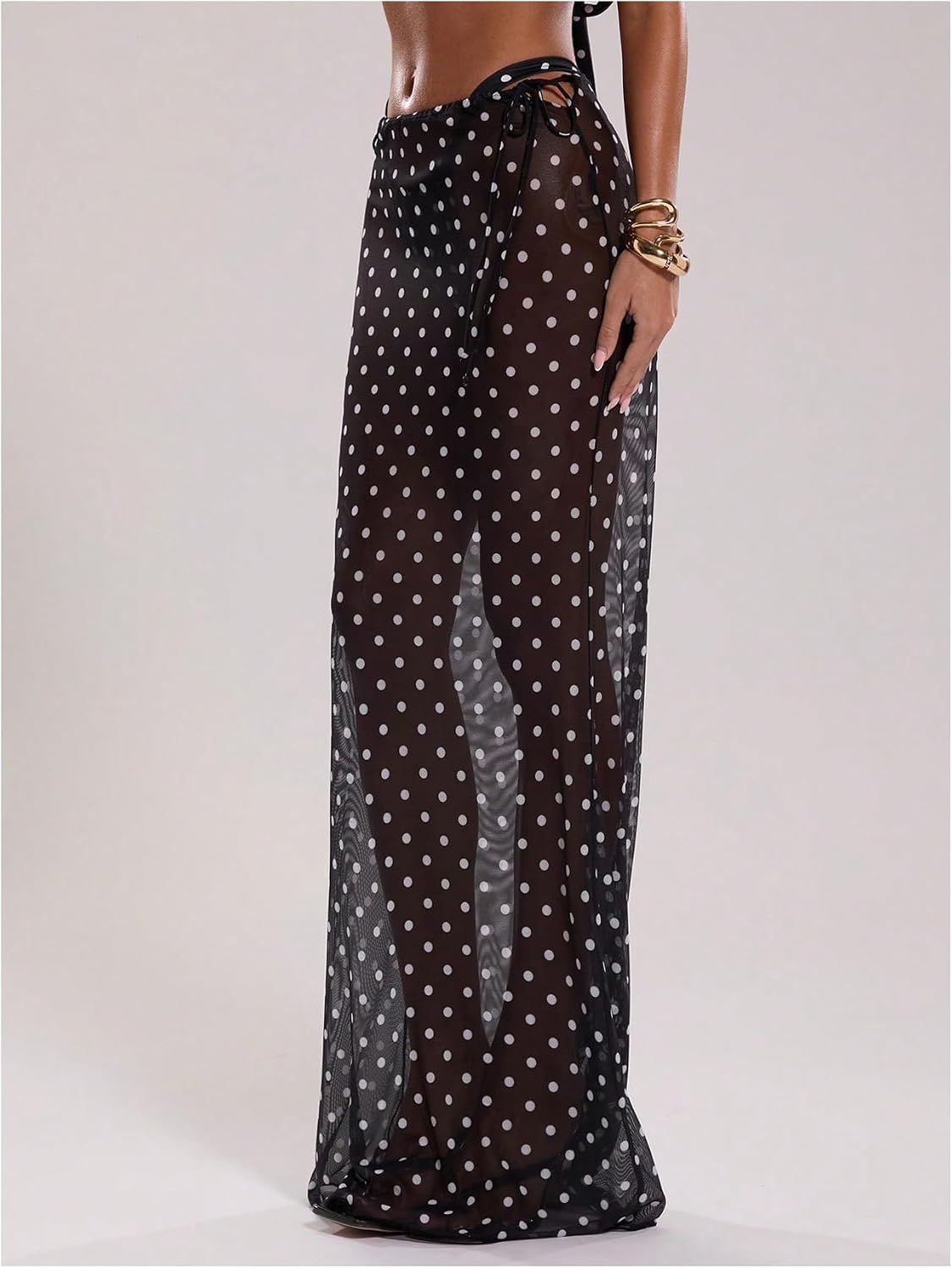 Women's Polka Dots Mesh Long Skirt Drawstring Side See Through Sheer Swimwear Cover Ups - Image 2
