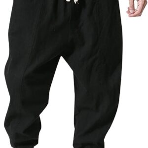 Men's Baggy Harem Pants Loose fit Elastic Waist Drawstring Casual Linen Hippie Dance Trousers with Pockets