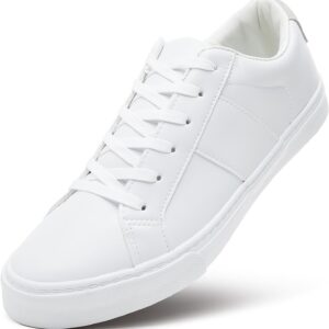 Men's Synthetic Leather White Sneakers,Low Top White Tennis Shoes,Lace up Casual Shoes
