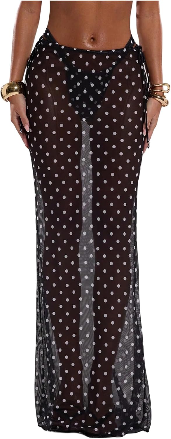 Women's Polka Dots Mesh Long Skirt Drawstring Side See Through Sheer Swimwear Cover Ups