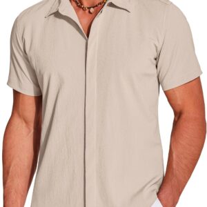 Men's Casual Short Sleeve Button Down Summer Beach Shirt Lightweight Textured Wrinkle Free Stretch Shirts