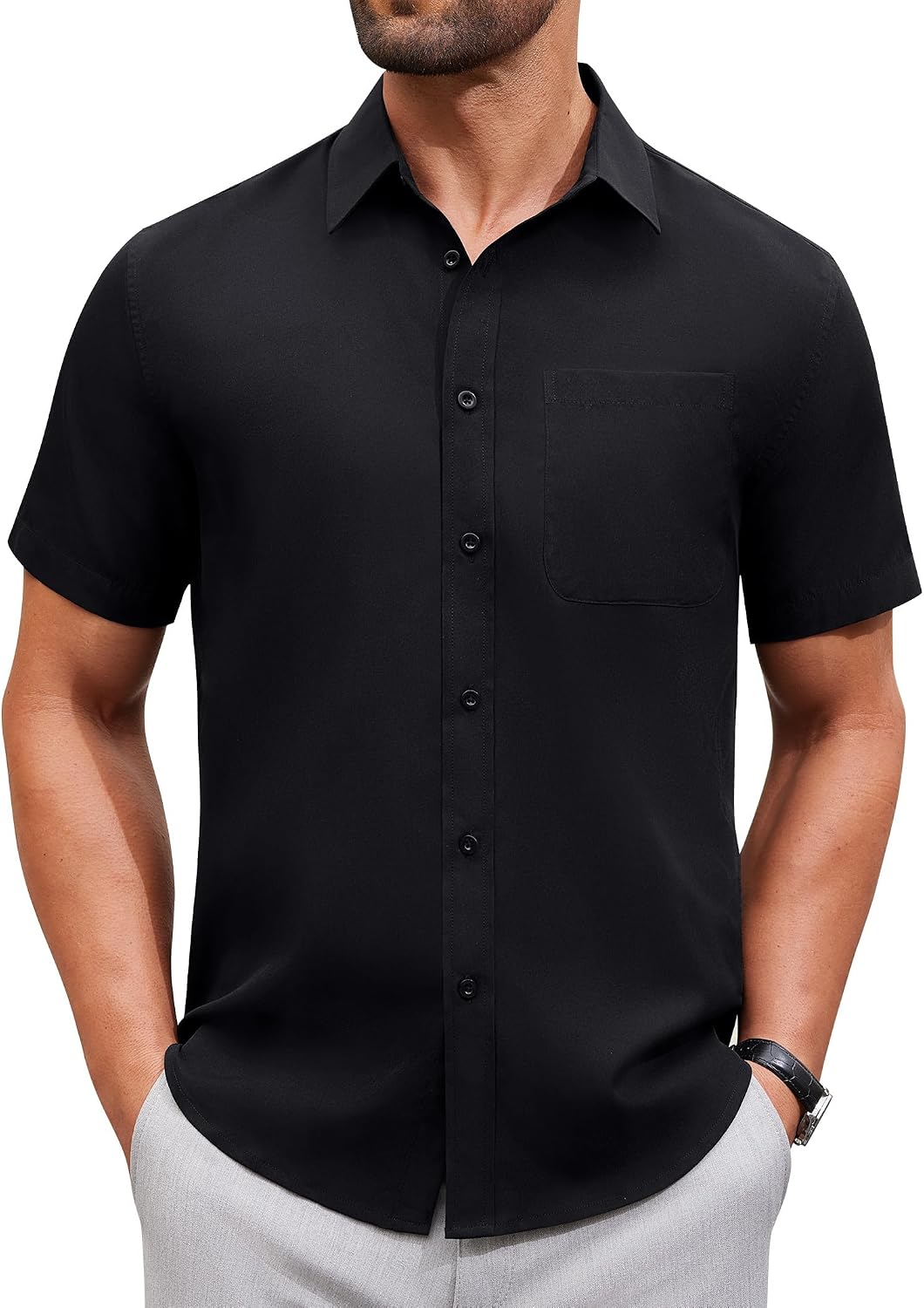 Mens Short Sleeve Dress Shirt Wrinkle Free Solid Casual Button Down Shirts for Summer Business Wedding