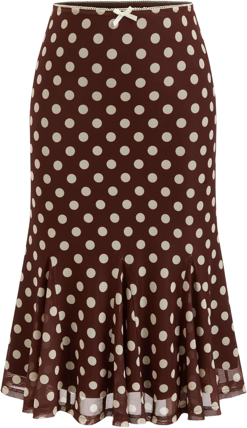 Womens Polka Dot Midi Skirt Vintage Bowknot Sheer Mesh Ruffle Hem Retro Fashion Going Out Casual Skirt Trendy