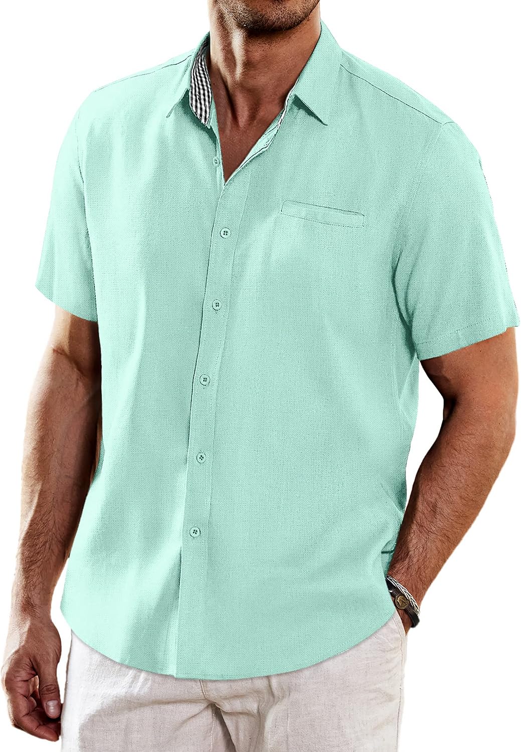 Men's Casual Linen Shirts Short Sleeve Button Down Shirt Summer Beach Tops